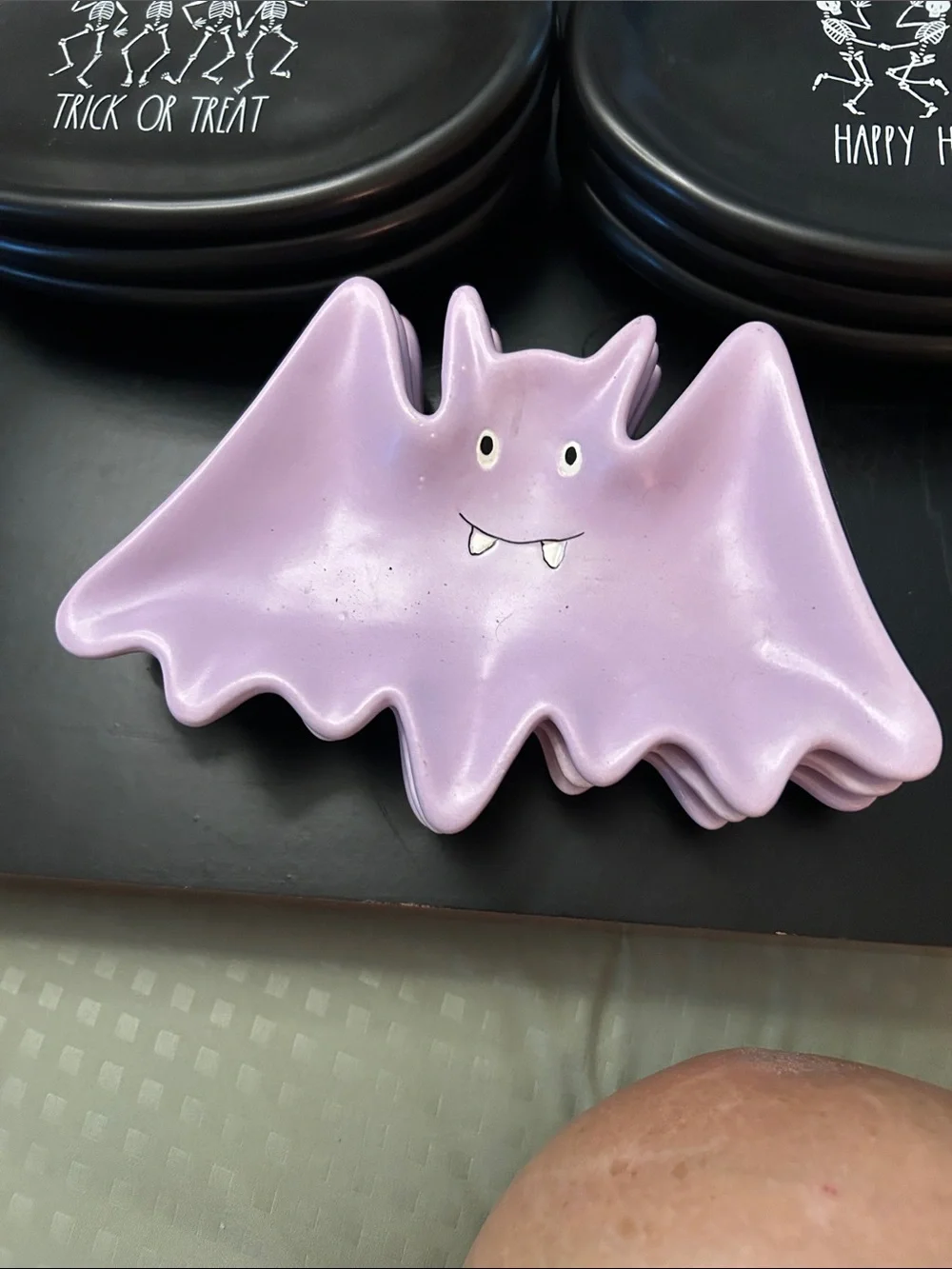 Rae Dunn Pink Bat Soon Rest or candy Holders with 6 Black Halloween Snack Plates
